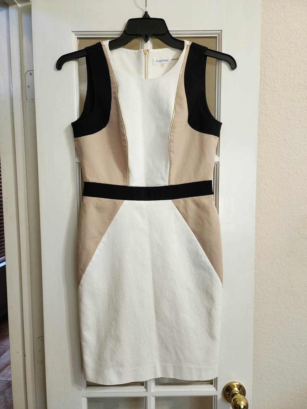 Calvin Klein Colorblock Sheath Career Dress White Beige Black Gold Zip 4